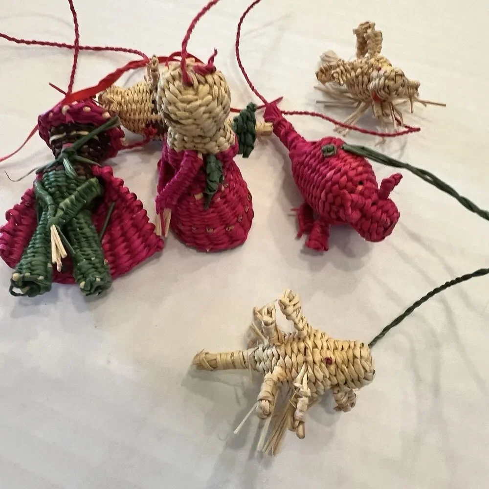3 Handwoven Woven Bamboo Christmas Ornament ethnic angel pig pink green natural